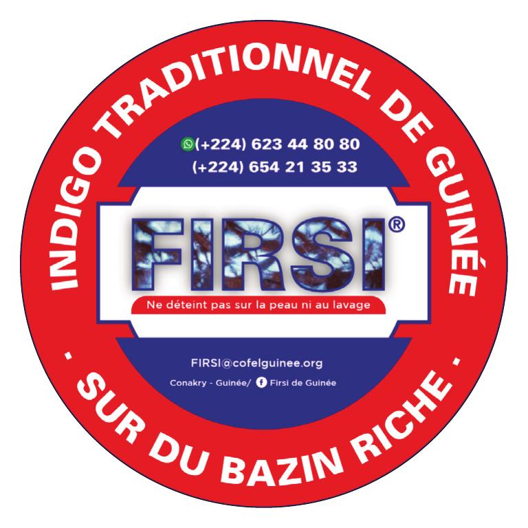 Logo officiel FIRSI DE GUINÉE : indigo traditionnel de Guinée, sur bazin riche. Ne déteint pas sur la peau ni au lavage.
